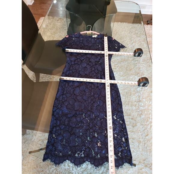 NSR Fit & Flare Dress Women Medium Blue Floral Overlay Lined Fringe Keyhole Back - Picture 7 of 14